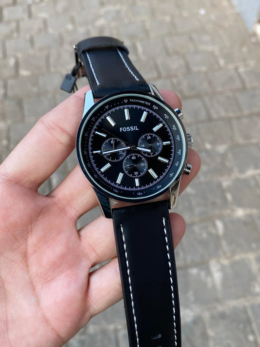 fossil full black & silver chronograph watch for man