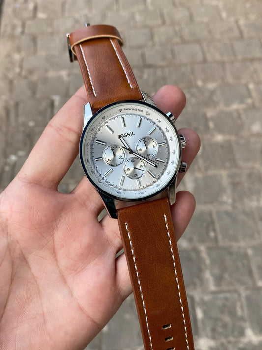 fossil white dial|Brown leather|chronograph watch for man