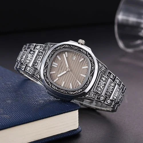 patek philippe silver & dark dial watch for man
